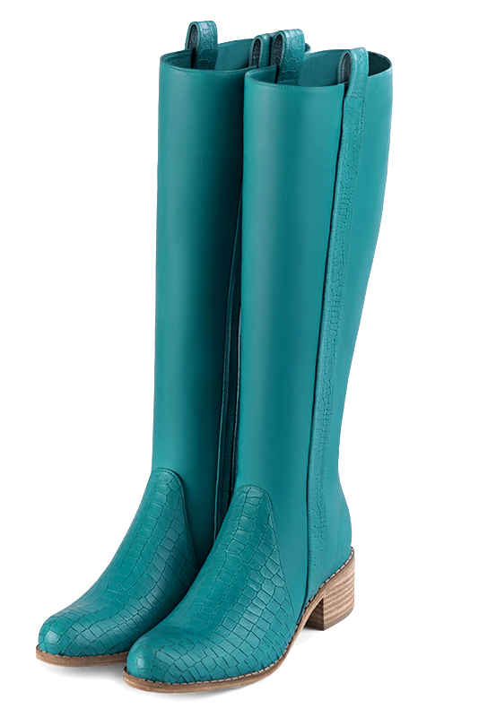 Turquoise blue women's riding knee-high boots. Round toe. Low leather soles. Made to measure. Front view - Florence KOOIJMAN